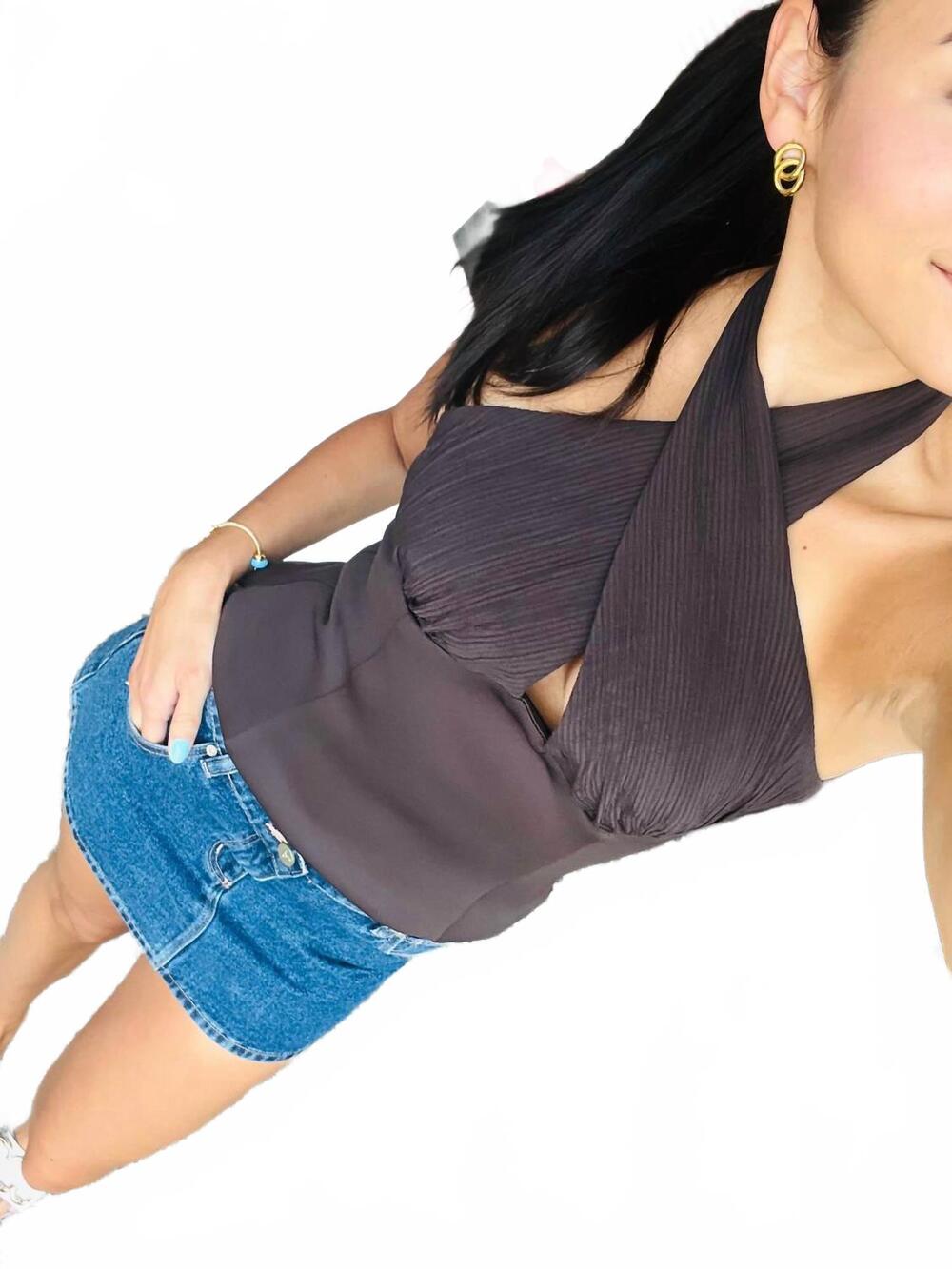 NEW LINE AND DOT cross halter top in brown